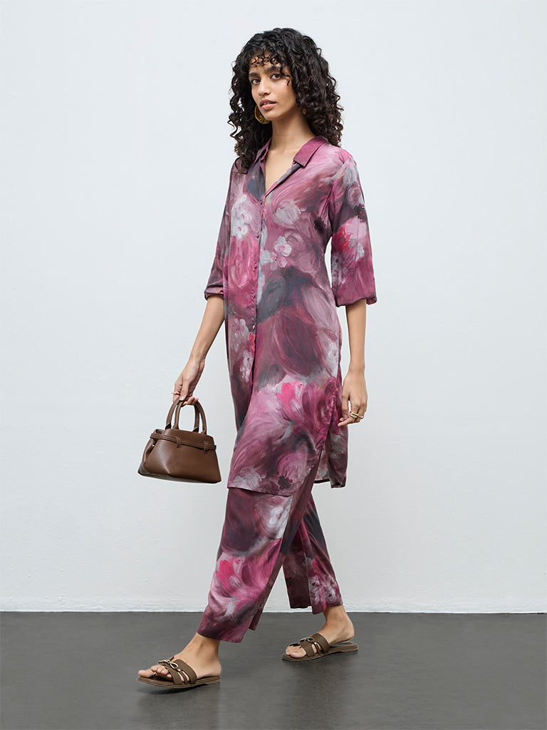 Utsa Mauve Floral Printed A-Line Kurta