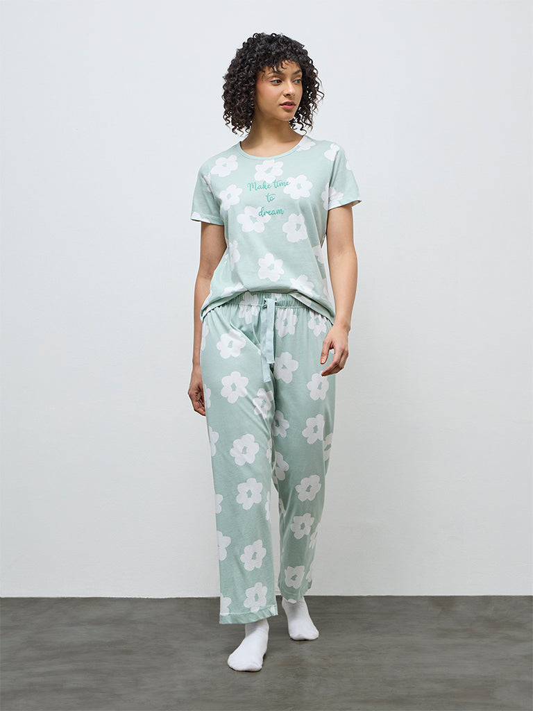Wunderlove Sage Floral Cotton Pyjama Set in a Bag