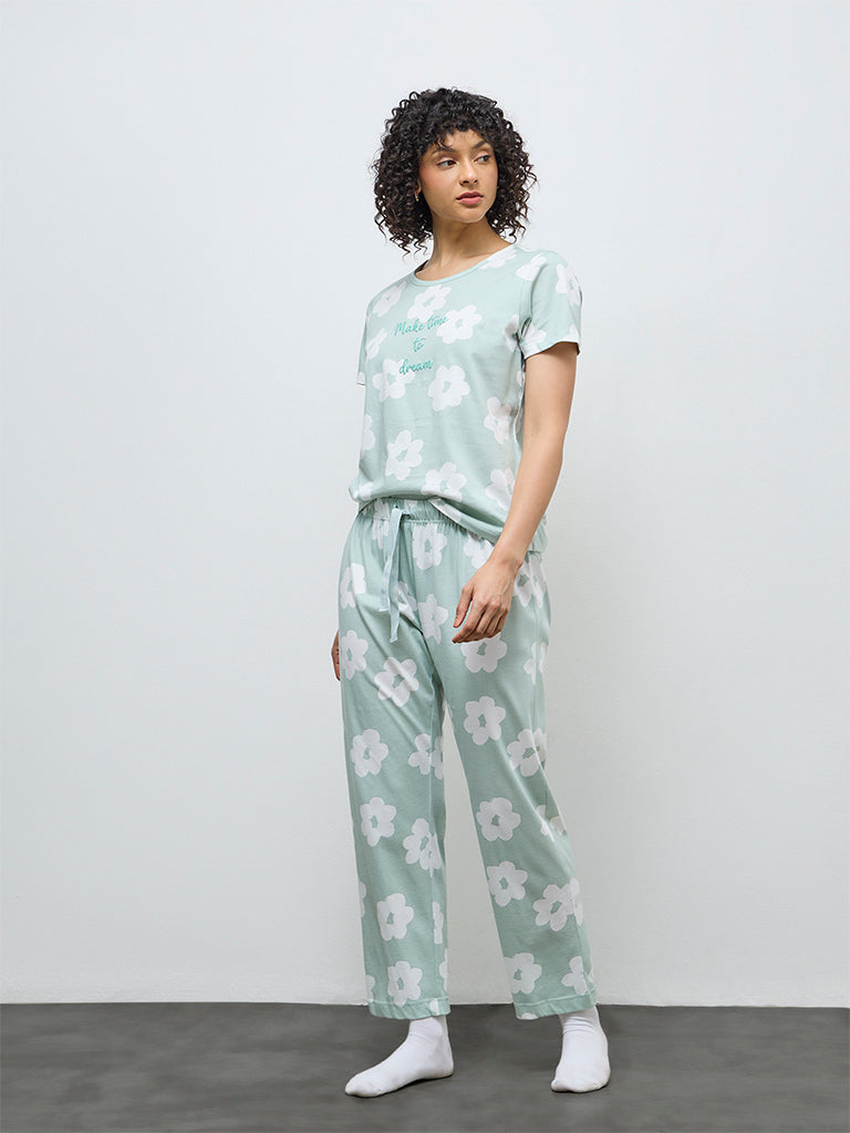 Wunderlove Sage Floral Cotton Pyjama Set in a Bag