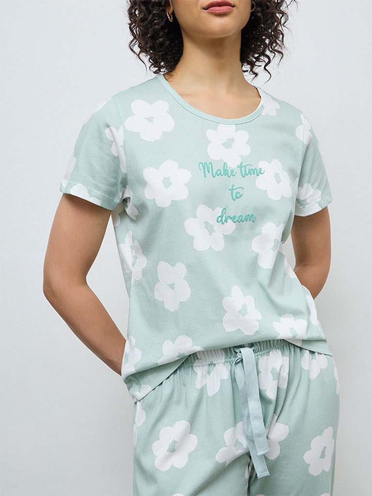 Wunderlove Sage Floral Cotton Pyjama Set in a Bag