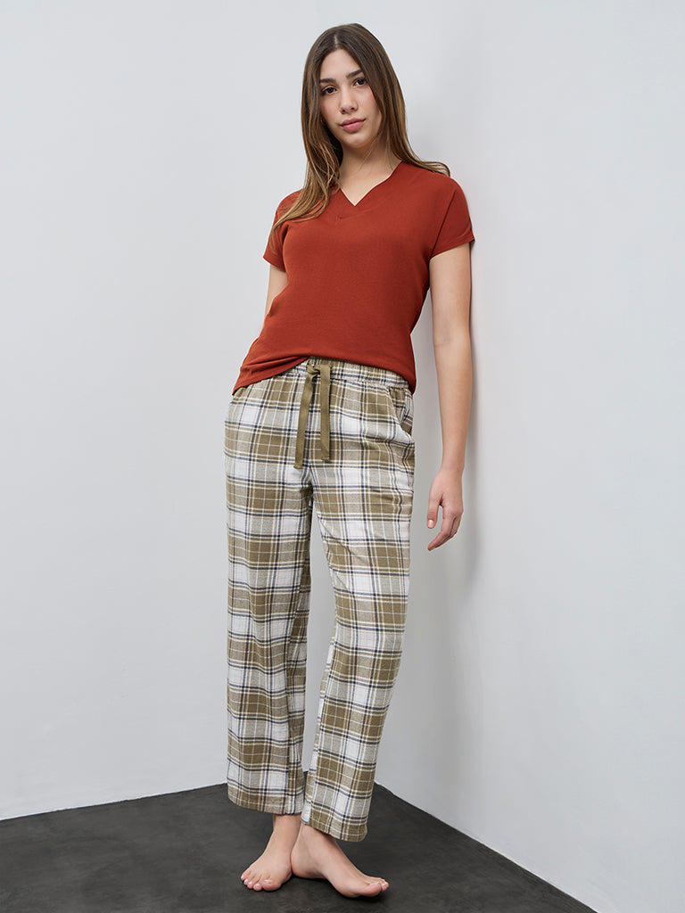 Wunderlove Olive Checkered High-Rise Cotton Pyjamas