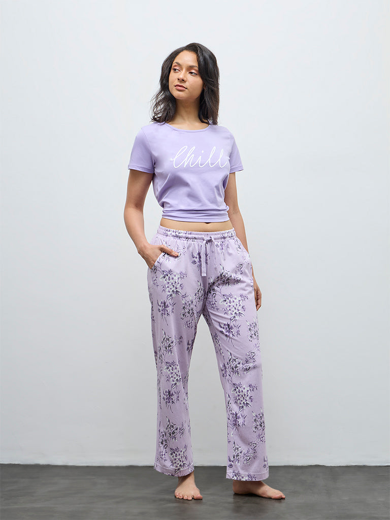 Wunderlove Purple Floral Design High-Rise Cotton Pants