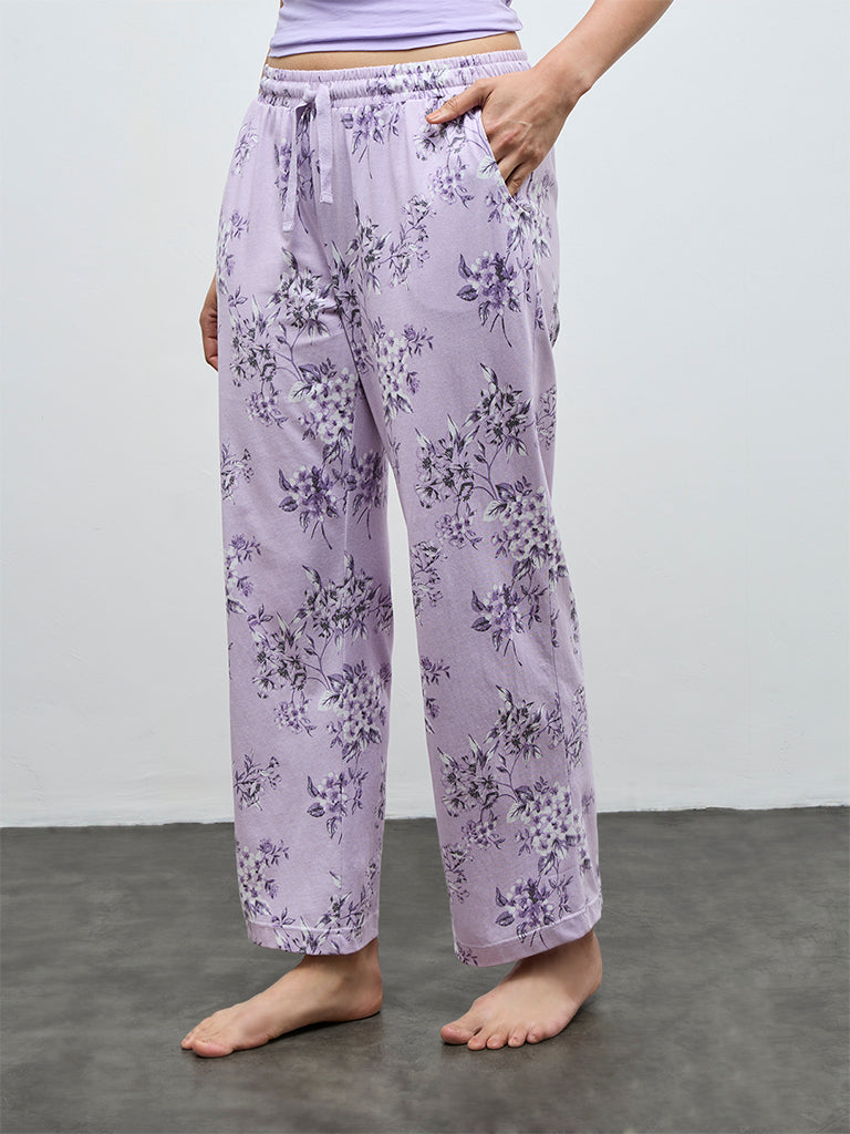 Wunderlove Purple Floral Design High-Rise Cotton Pants