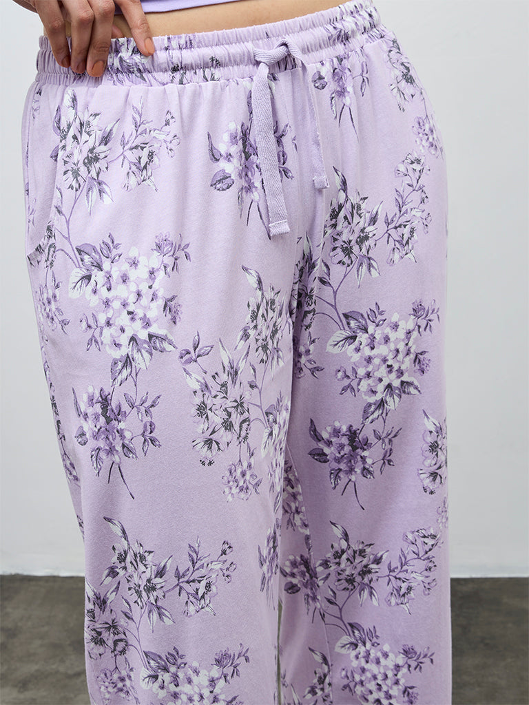 Wunderlove Purple Floral Design High-Rise Cotton Pants