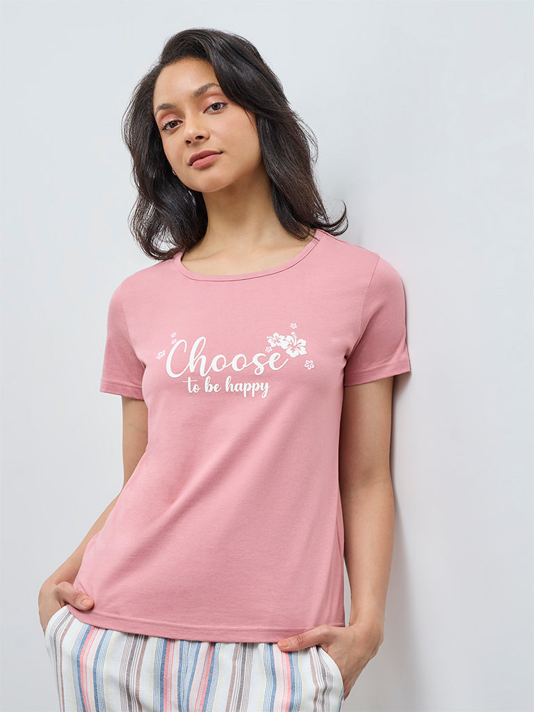 Wunderlove Pink Typographic Cotton T-Shirt