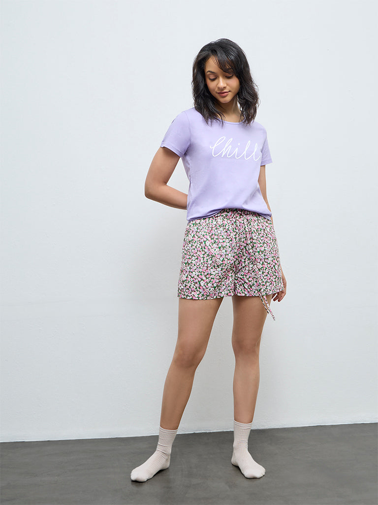 Wunderlove Lavender Text Printed Cotton T-Shirt