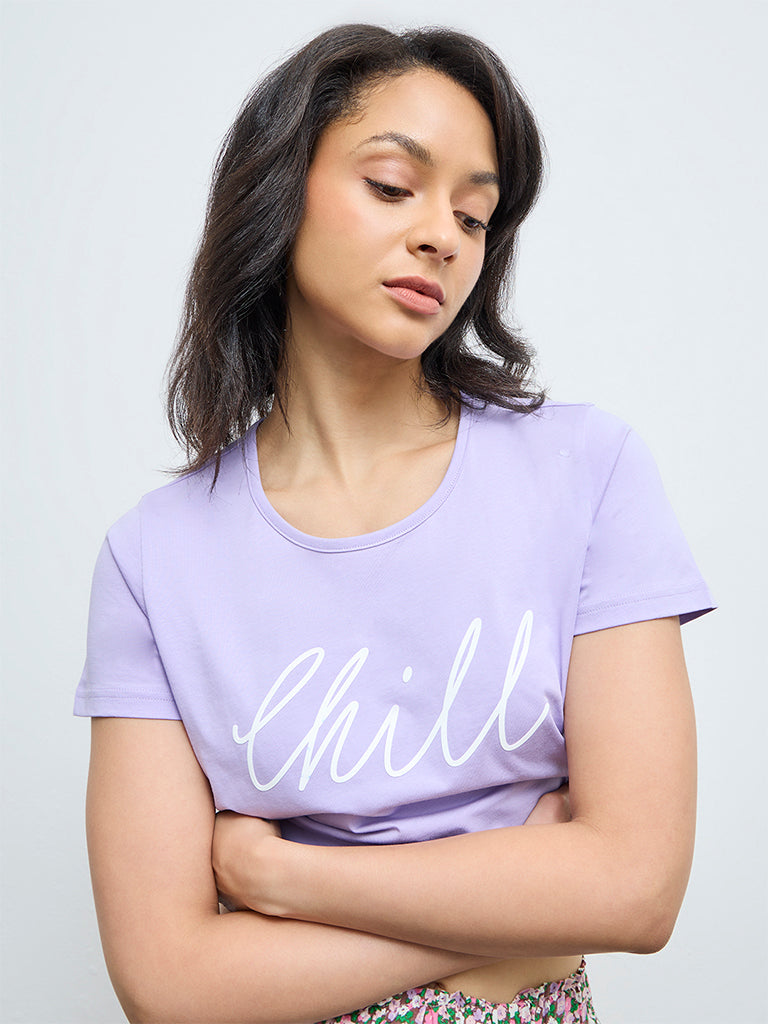 Wunderlove Lavender Text Printed Cotton T-Shirt