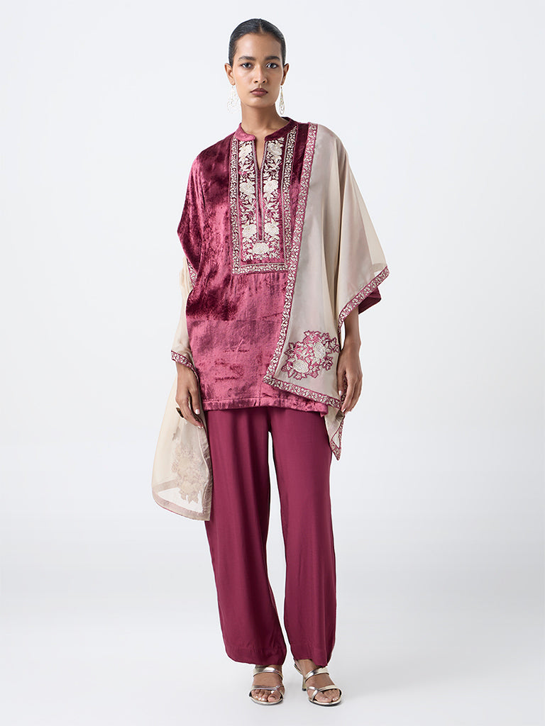 Vark Wine Floral Embroidered Velvet Straight Ethnic Set