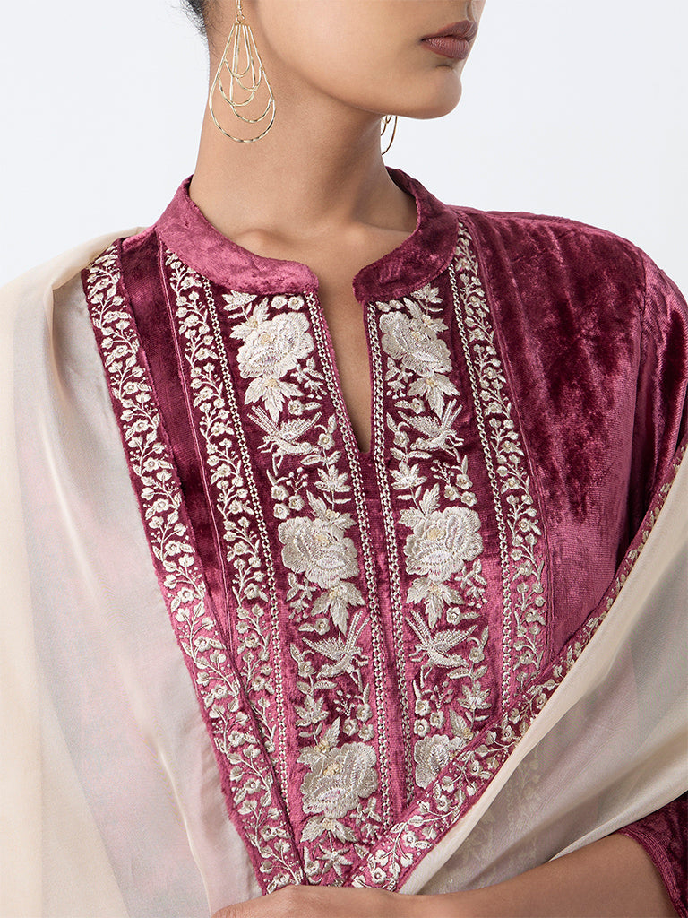 Vark Wine Floral Embroidered Velvet Straight Ethnic Set