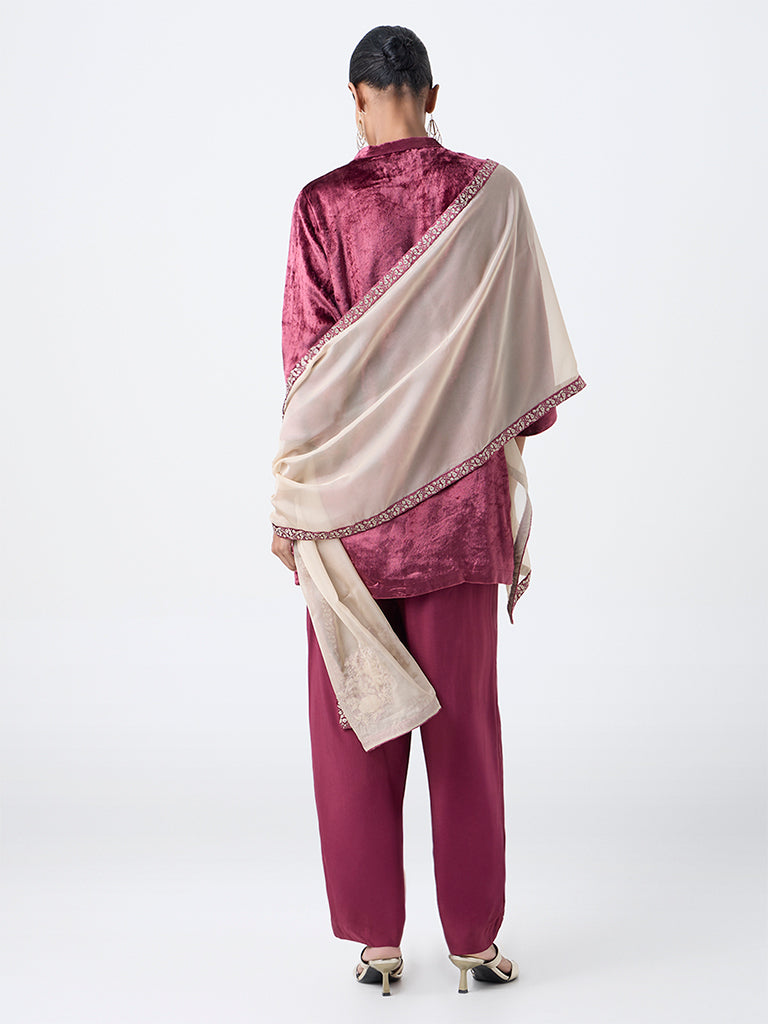 Vark Wine Floral Embroidered Velvet Straight Ethnic Set