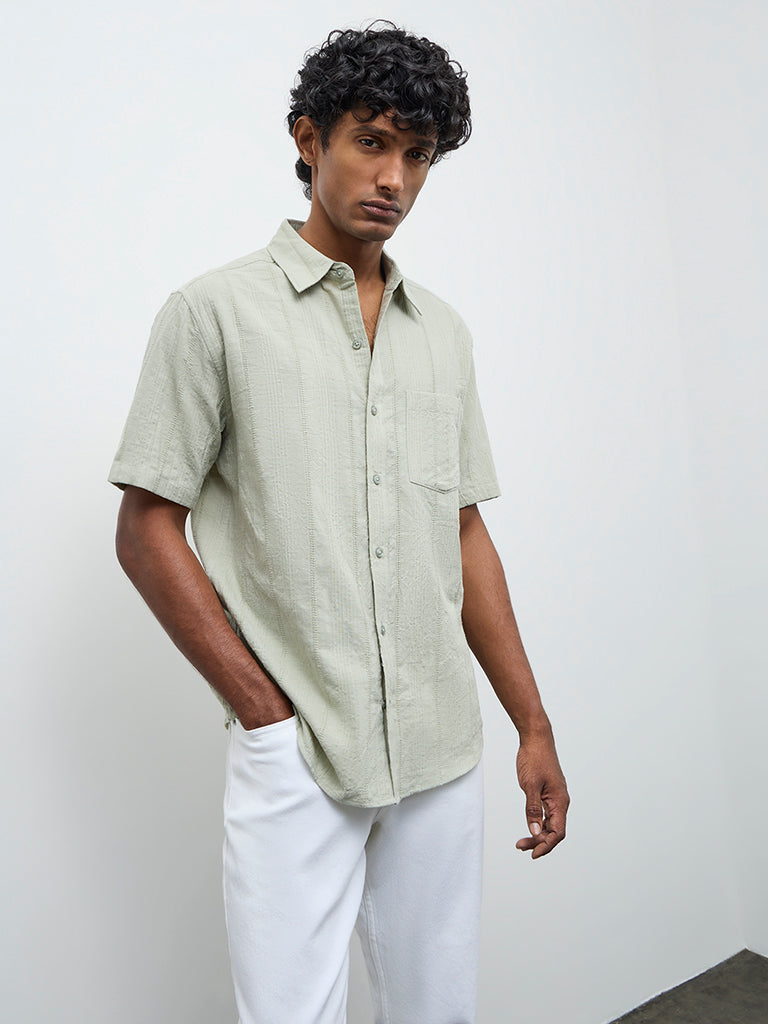 WES Casuals Sage Self-Textured Relaxed Fit Cotton Shirt