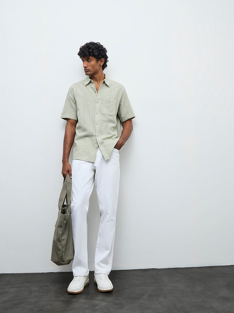 WES Casuals Sage Self-Textured Relaxed Fit Cotton Shirt