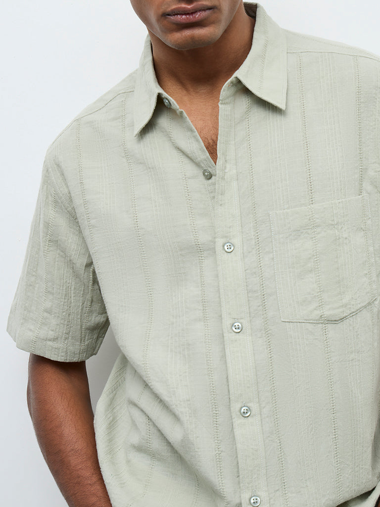 WES Casuals Sage Self-Textured Relaxed Fit Cotton Shirt
