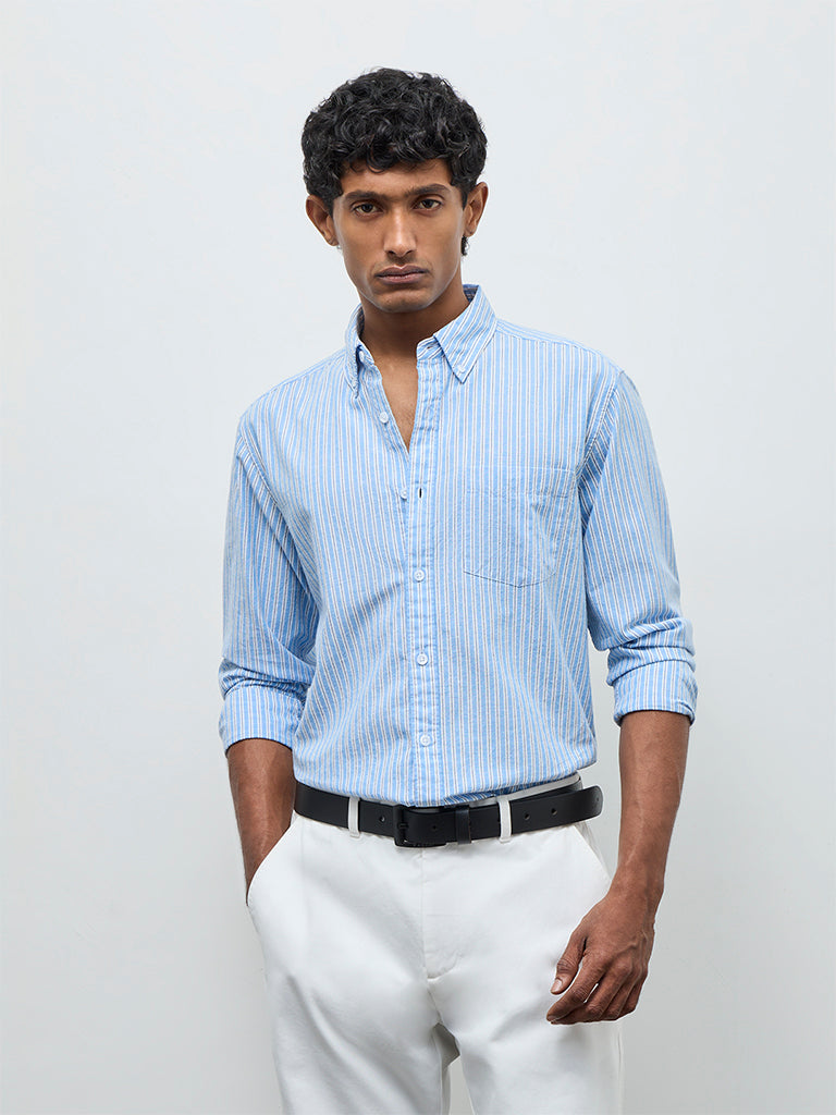 WES Casuals Blue Striped Relaxed-Fit Cotton-Blend Shirt