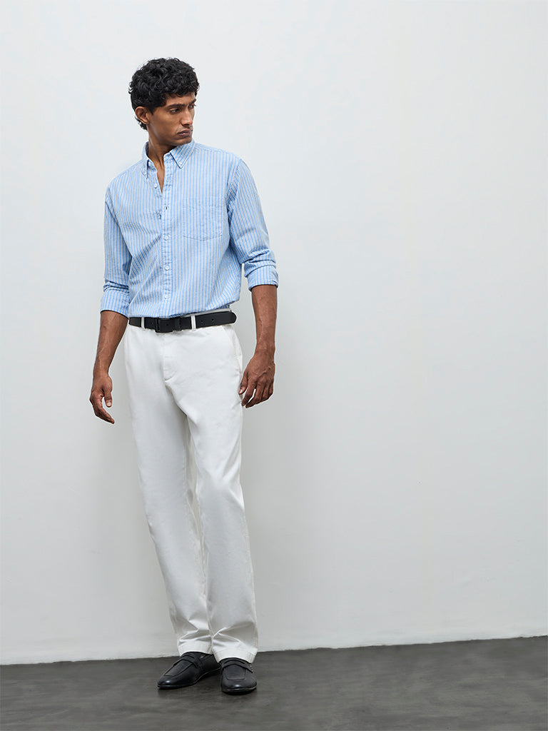 WES Casuals Blue Striped Relaxed-Fit Cotton-Blend Shirt