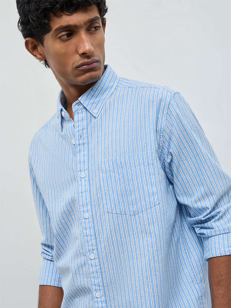 WES Casuals Blue Striped Relaxed-Fit Cotton-Blend Shirt