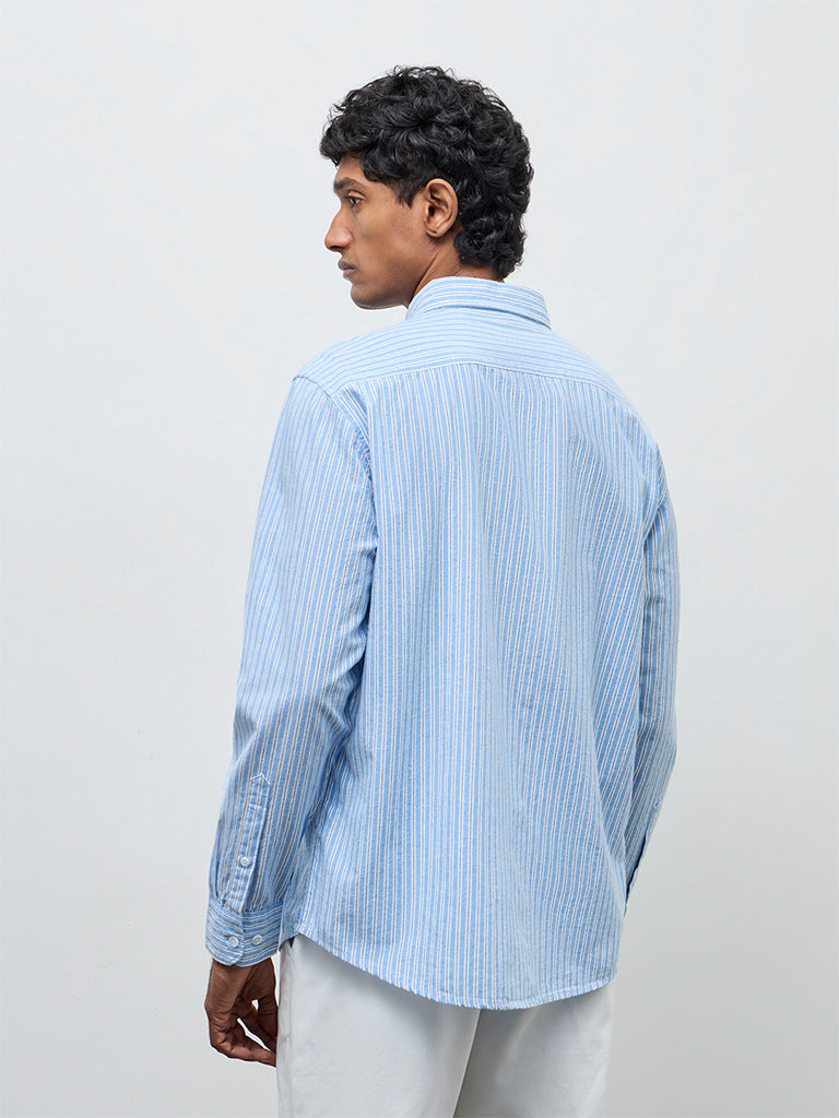 WES Casuals Blue Striped Relaxed-Fit Cotton-Blend Shirt