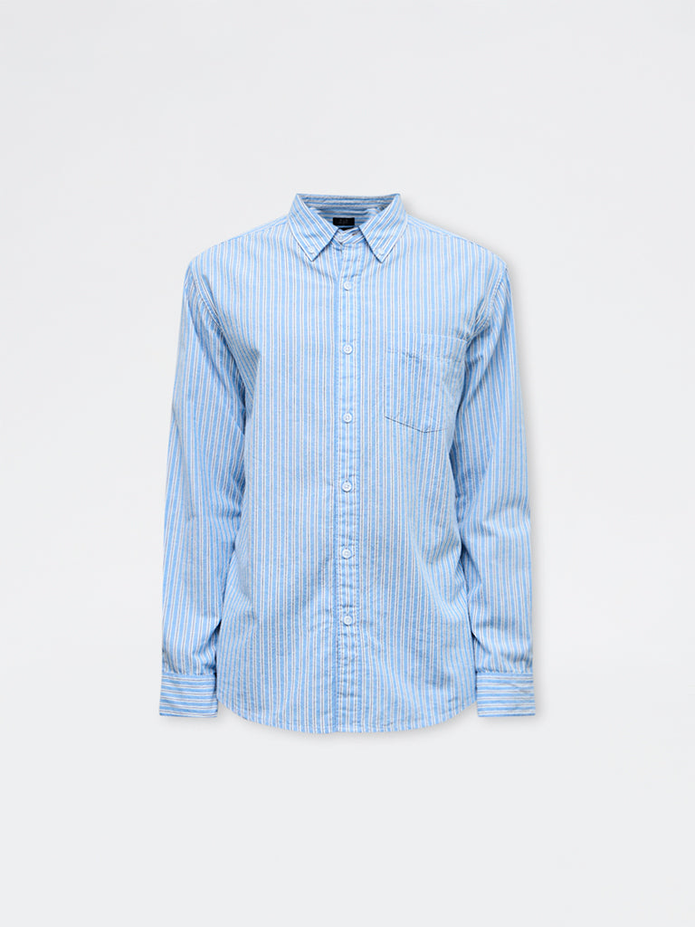 WES Casuals Blue Striped Relaxed-Fit Cotton-Blend Shirt