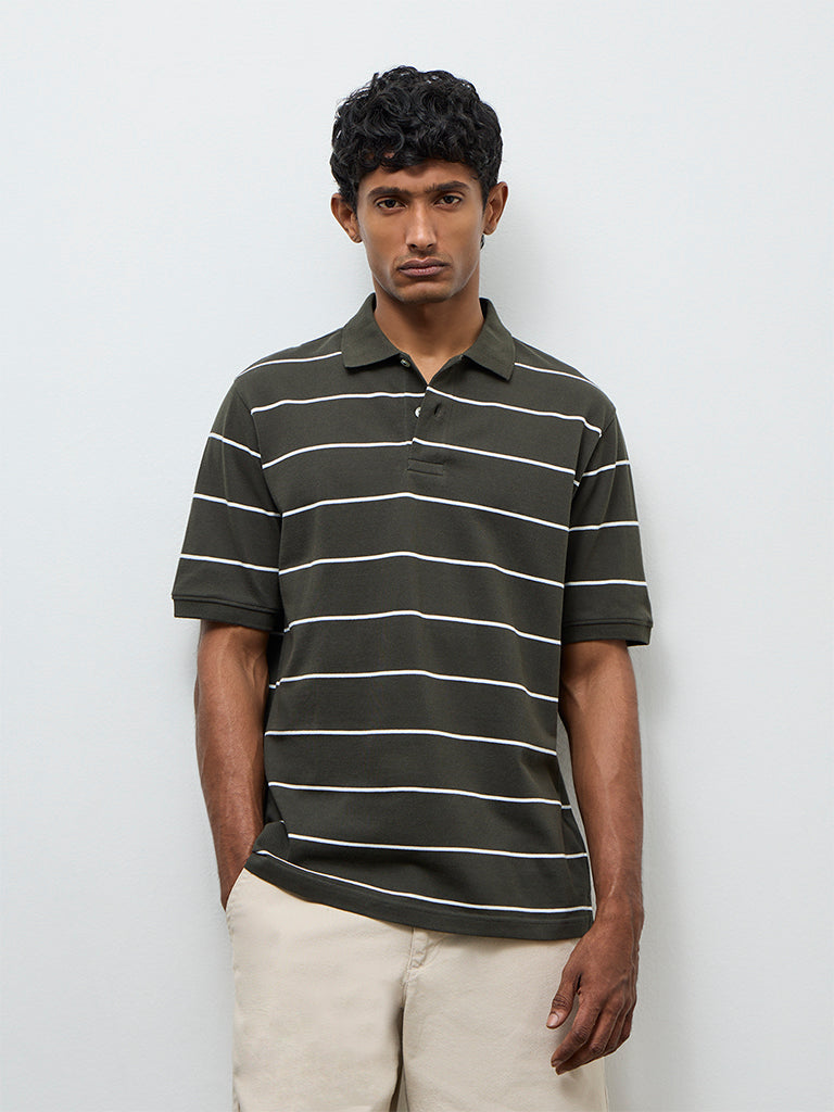 WES Casuals Dark Olive Striped Relaxed-Fit Cotton Polo T-Shirt