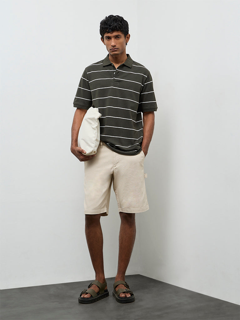 WES Casuals Dark Olive Striped Relaxed-Fit Cotton Polo T-Shirt