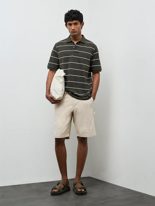 WES Casuals Dark Olive Striped Relaxed-Fit Cotton Polo T-Shirt
