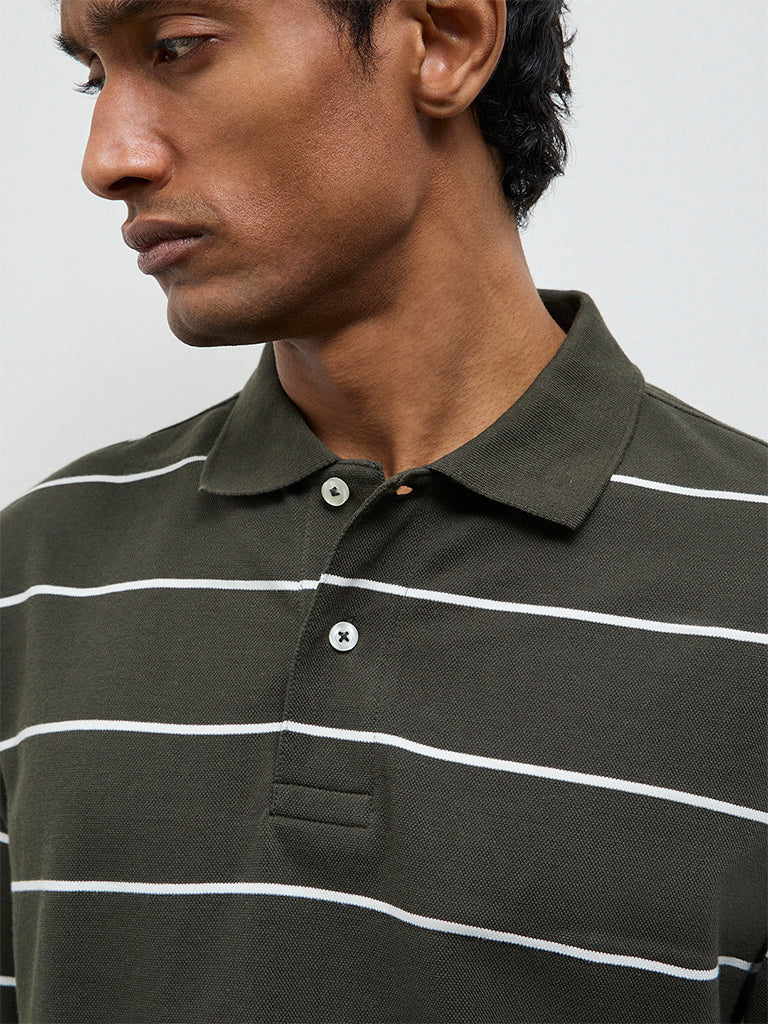 WES Casuals Dark Olive Striped Relaxed-Fit Cotton Polo T-Shirt