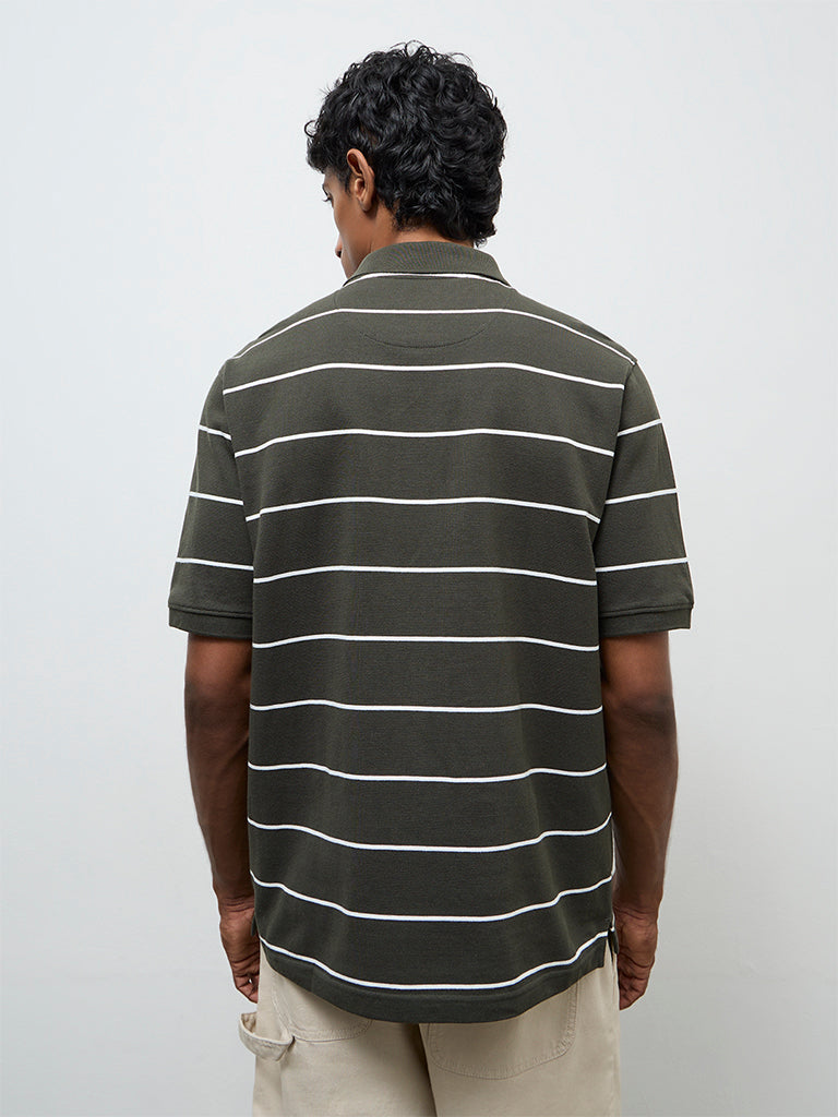 WES Casuals Dark Olive Striped Relaxed-Fit Cotton Polo T-Shirt