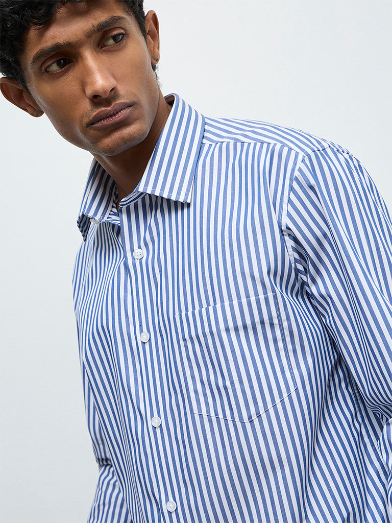 WES Formals Blue Striped Relaxed-Fit Cotton Shirt