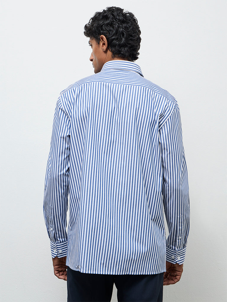 WES Formals Blue Striped Relaxed-Fit Cotton Shirt