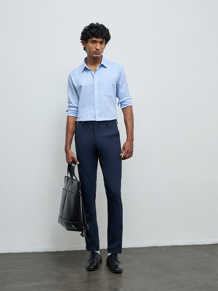 WES Formals Blue Slim-Fit Cotton Shirt
