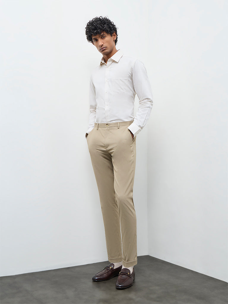 WES Formals Grey Self-Textured Slim-Fit Cotton Shirt
