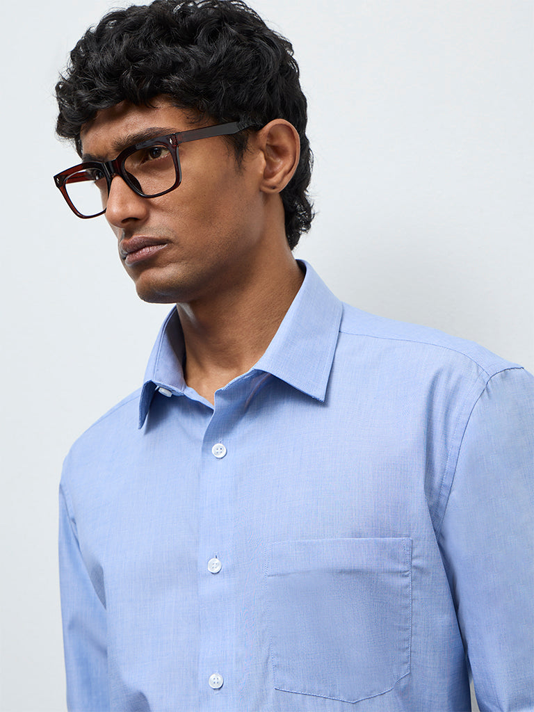 WES Formals Blue Relaxed-Fit Cotton Shirt