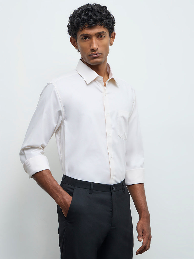 WES Formals Cream Slim-Fit Cotton Shirt