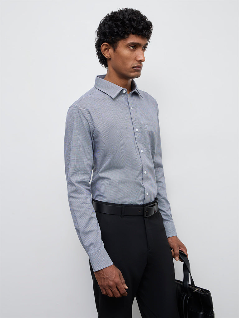 WES Formals Navy Houndstooth Printed Slim-Fit Cotton Shirt