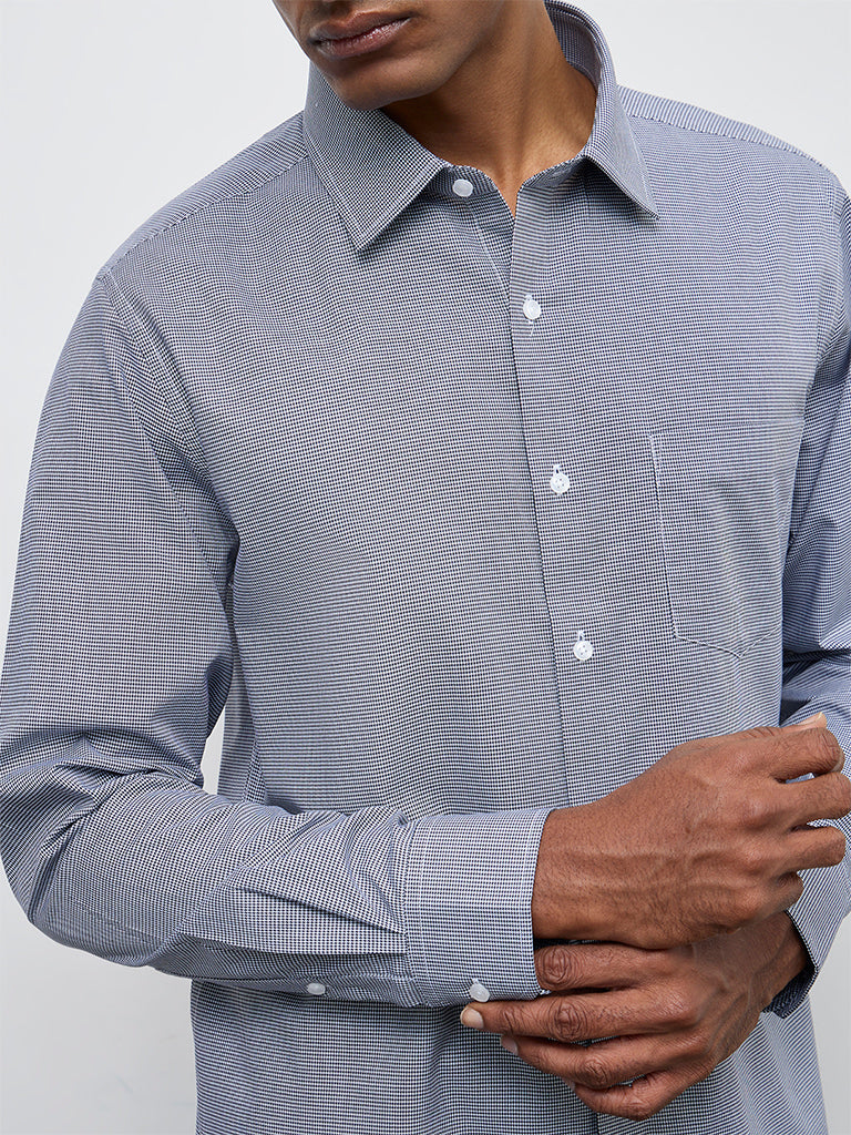 WES Formals Navy Houndstooth Printed Slim-Fit Cotton Shirt