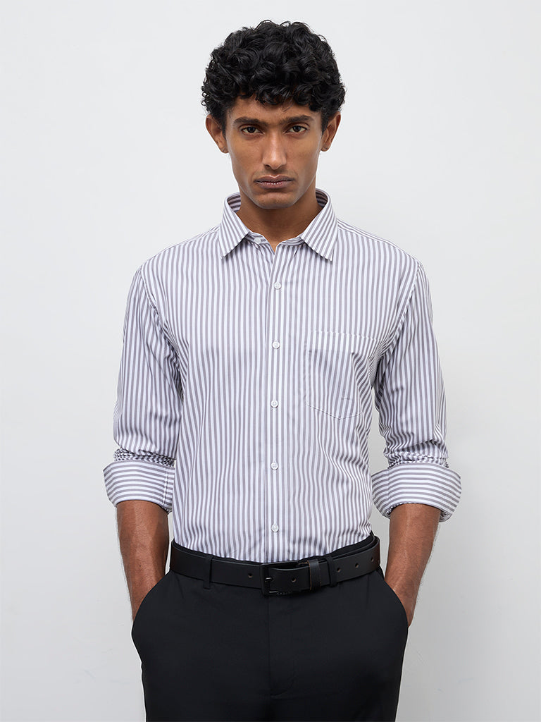 WES Formals Grey Striped Slim-Fit Cotton Shirt
