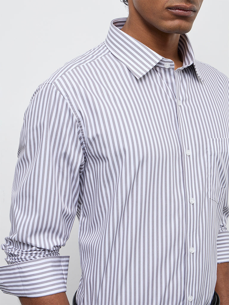 WES Formals Grey Striped Slim-Fit Cotton Shirt