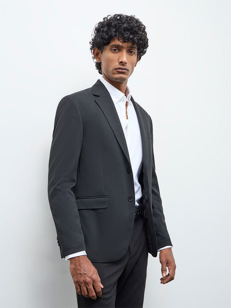 WES Formals Black Solid Slim-Fit Blazer