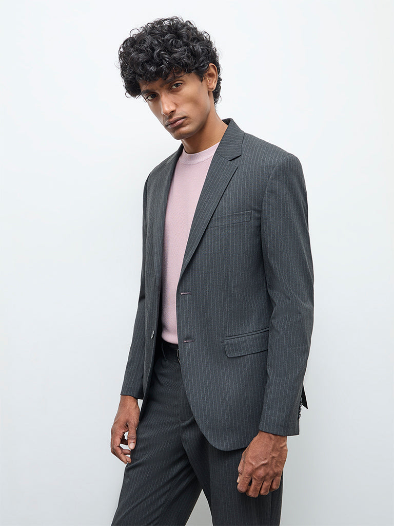 WES Formals Charcoal Pinstriped Slim-Fit Blazer