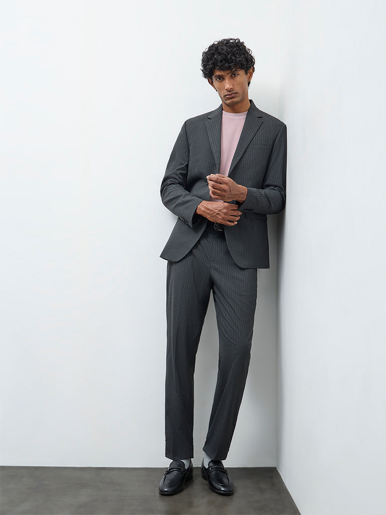 WES Formals Charcoal Pinstriped Slim-Fit Blazer