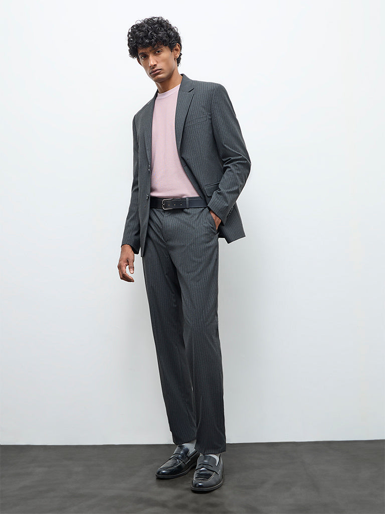 WES Formals Charcoal Pinstriped Slim-Fit Mid-Rise Trousers