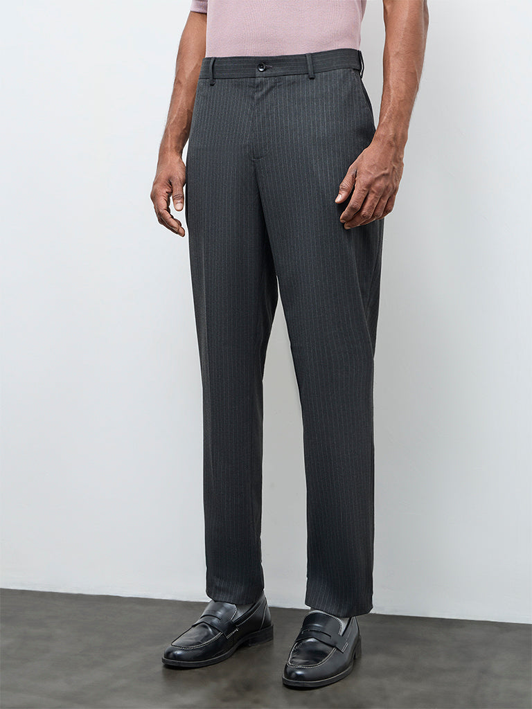 WES Formals Charcoal Pinstriped Slim-Fit Mid-Rise Trousers