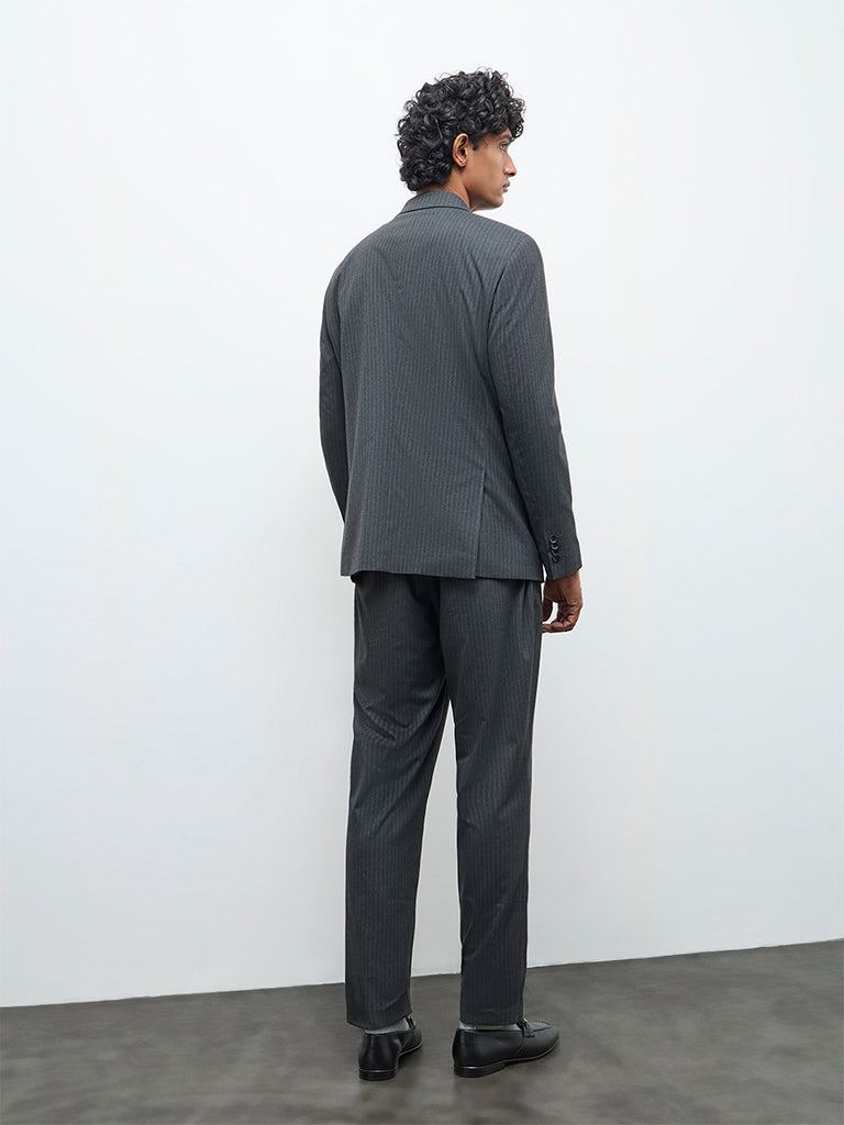 WES Formals Charcoal Pinstriped Slim-Fit Mid-Rise Trousers