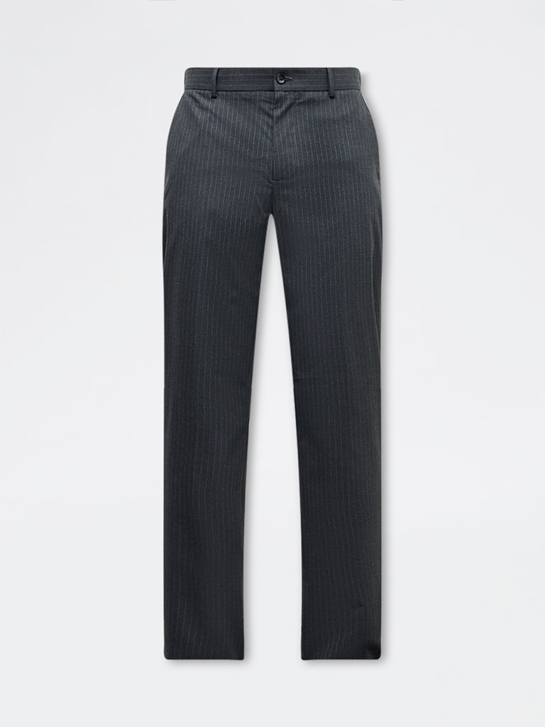 WES Formals Charcoal Pinstriped Slim-Fit Mid-Rise Trousers