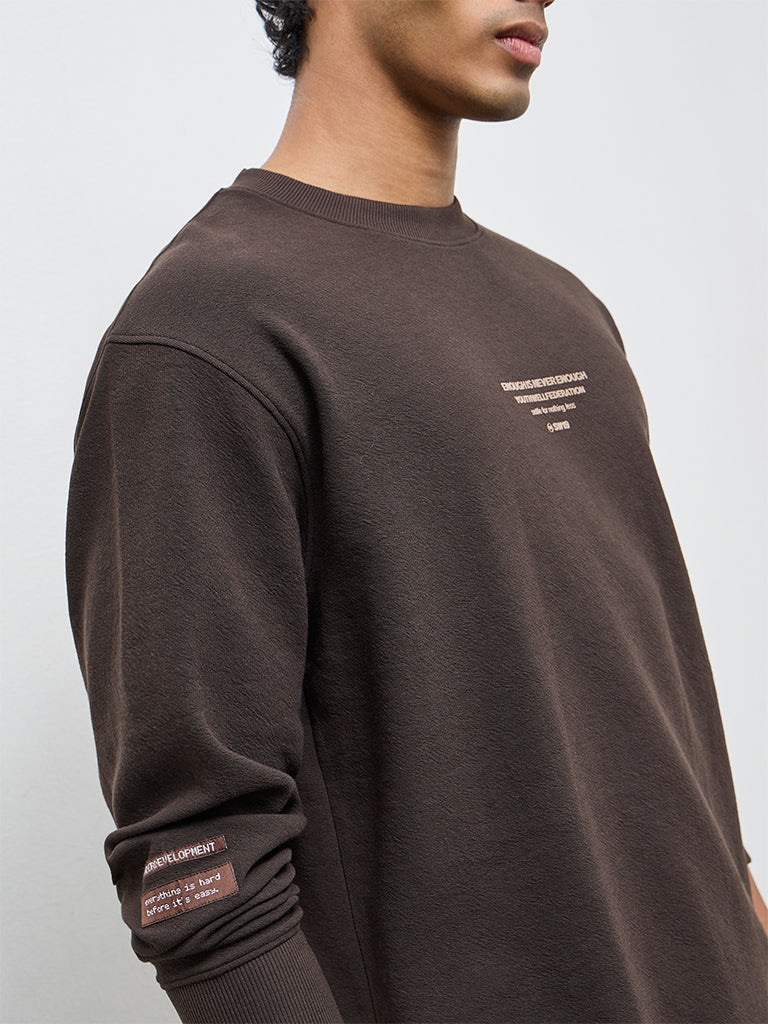 Nuoflexx Dark Brown Typographic Relaxed-Fit Sweatshirt
