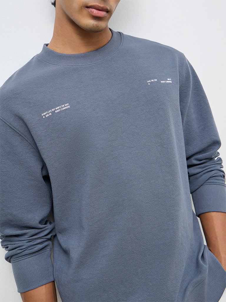 Nuoflexx Dusty Blue Typographic Relaxed-Fit Sweatshirt