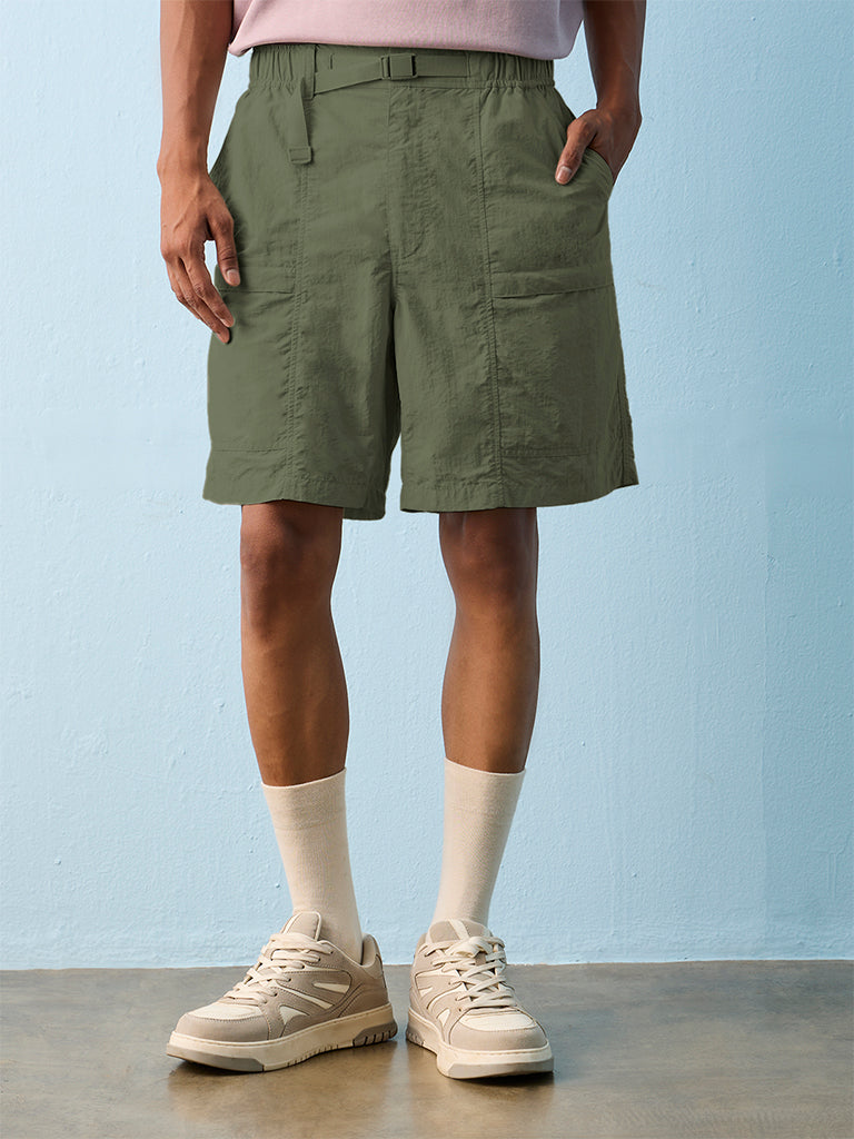 Nuoflexx Olive Relaxed-Fit Mid-Rise Shorts