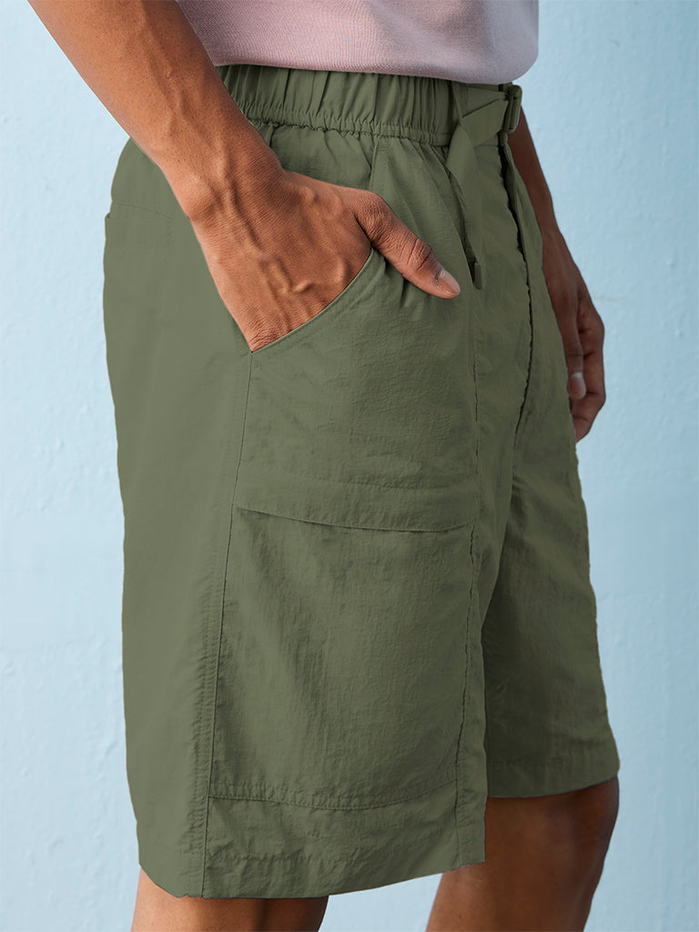 Nuoflexx Olive Relaxed-Fit Mid-Rise Shorts