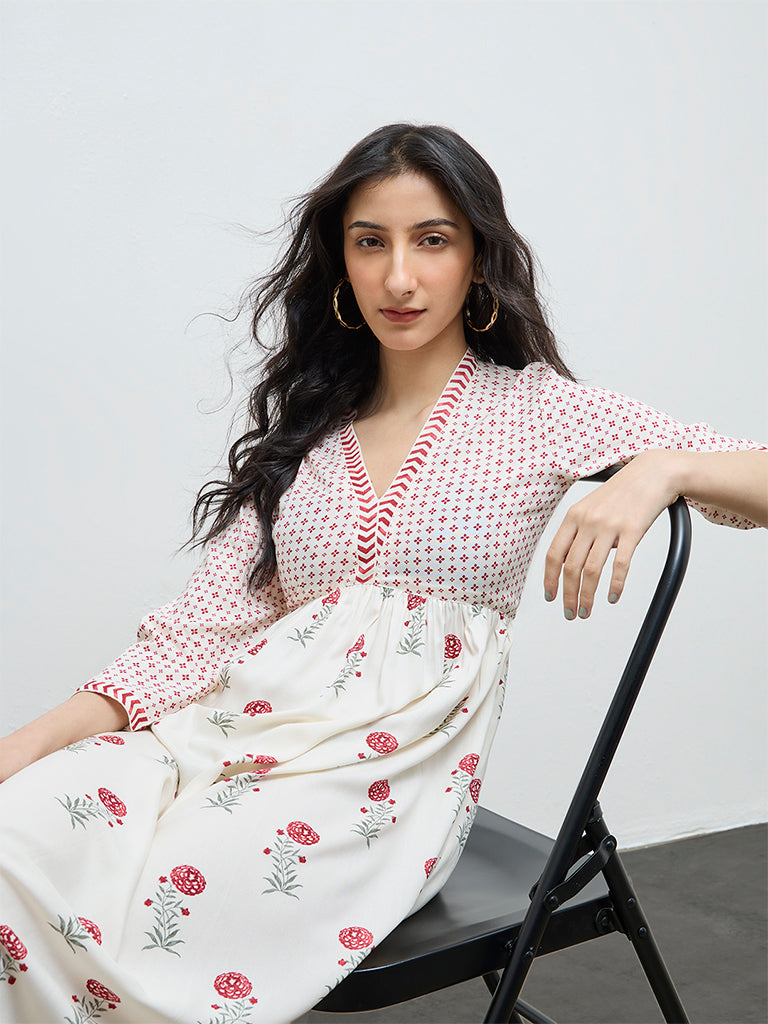 Bombay Paisley Off-White Floral Empire-Line Dress