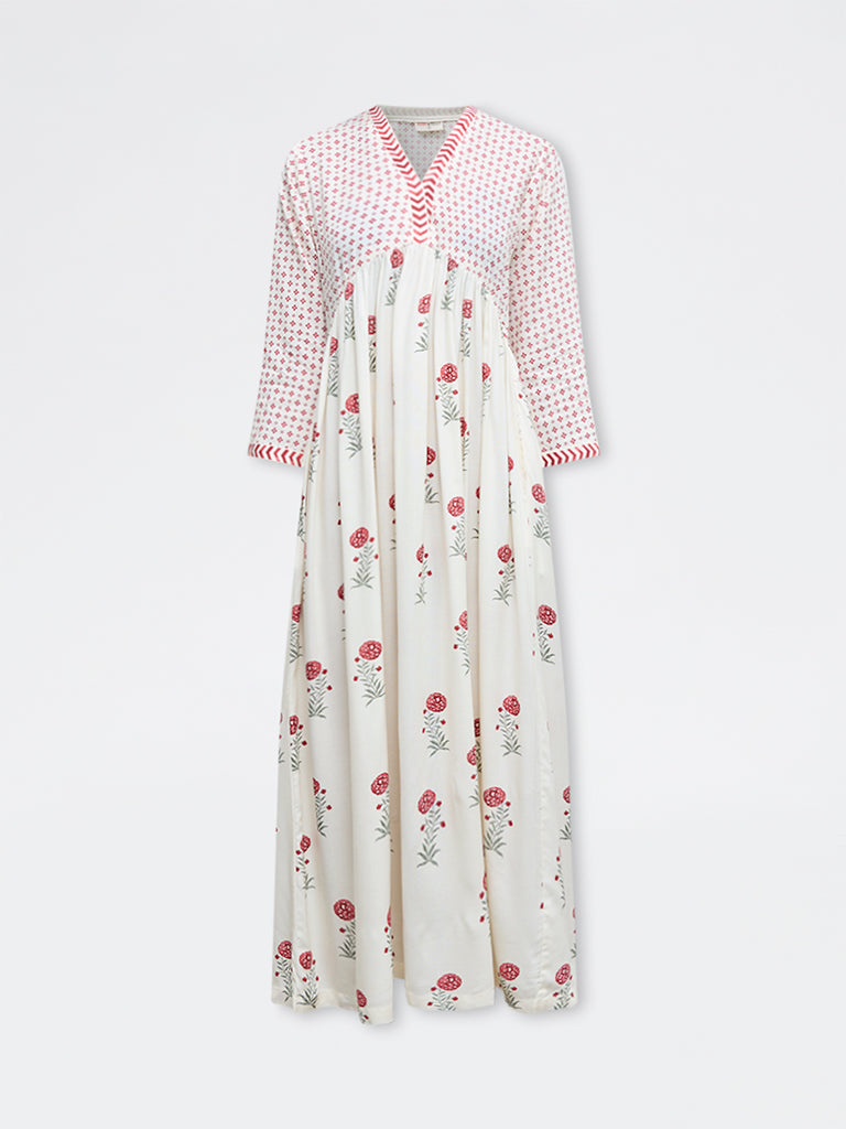 Bombay Paisley Off-White Floral Empire-Line Dress